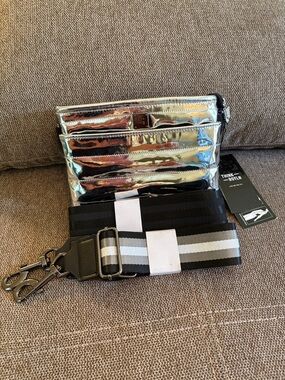 THINK ROYLN Silver mirror Metallic Crossbody with Black and Gray Striped Straps
